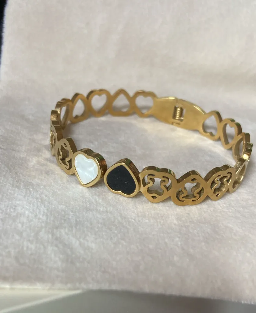 Black and white heart bangle bracelet